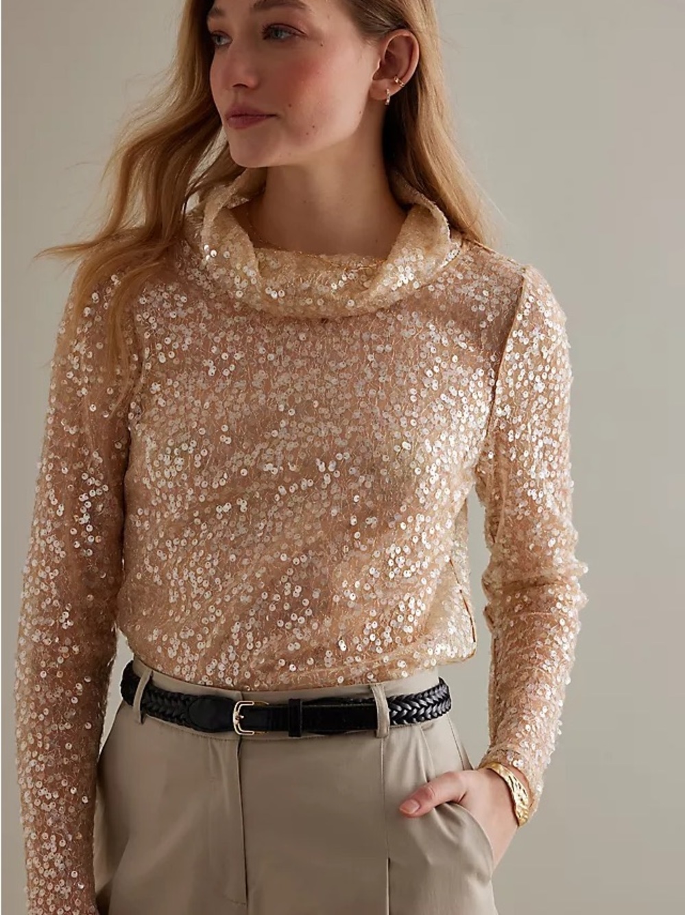 NWOT Anthropologie Sequin Cowl Neck Women's Sweater in Champagne - Size S